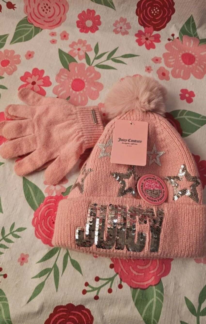 Juicy Couture Kids Pink Beanie Hat And Gloves Set With Stars And Sequin Logo